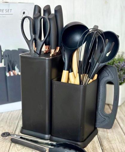 Conjunto de Utensílios de Cozinha com Tábua Preto - 18pçs