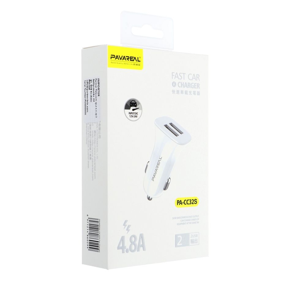 Carregador de carro PAVAREAL 2x USB 2,4A PA-CC32S branco