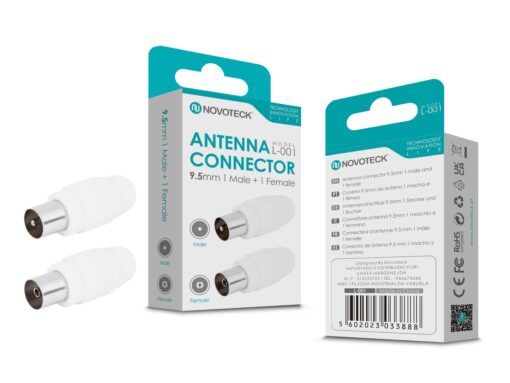 Conector de Antena NOVOTECK L-001 – Macho 9,5mm + Fêmea, Conexão Estável, Instalação Fácil