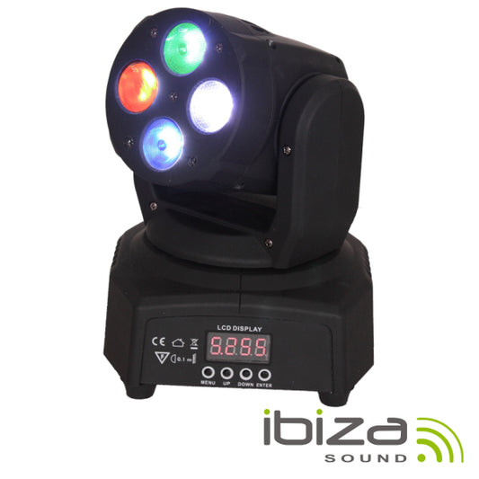 Cabeza móvil mini 4 leds 10W RGBW DMX micrófono 50W Ibiza 