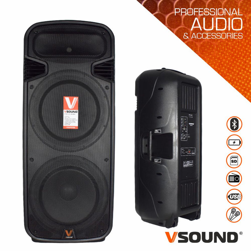 Coluna Amplificada 2x15" USB/FM/BT/SD/BAT MIC VSOUND