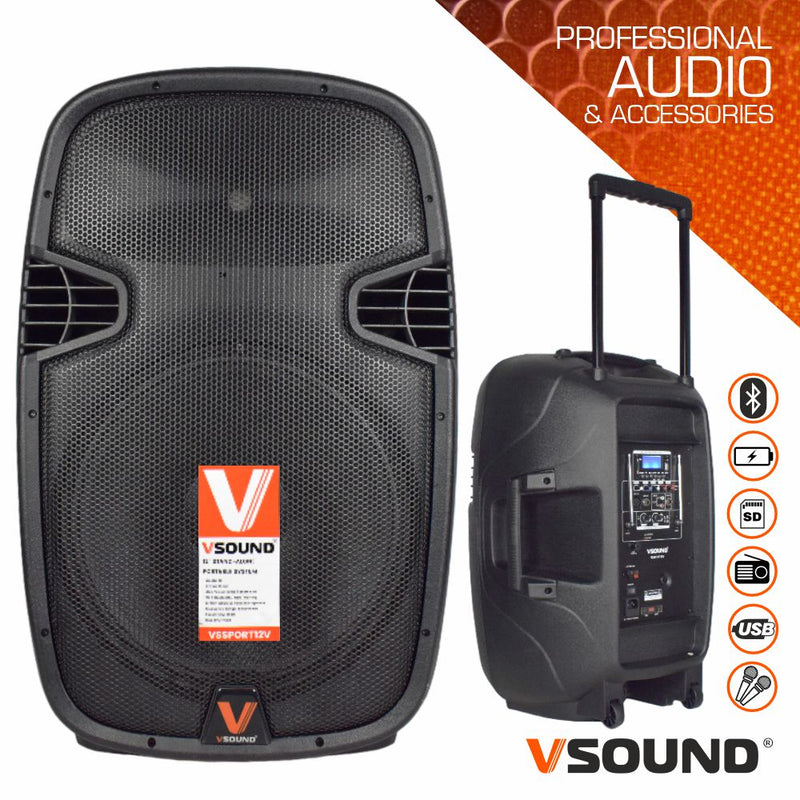 Coluna Amplificada 12" 500W USB/BT/SD/Bat/2xMIC UHF VSOUND