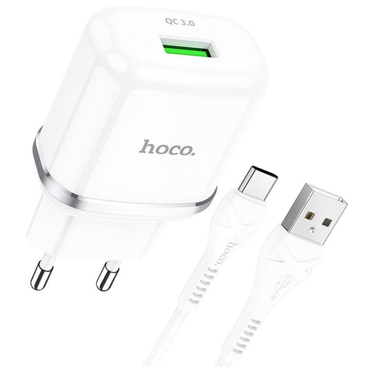 Carregador de parede HOCO USB A + cabo USB A para Tipo C QC3.0 3A 18W N3 Branco