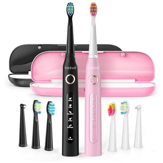 FairyWill FW-507 Cepillos de dientes sónicos con cabezal y estuche (negro y rosa) 