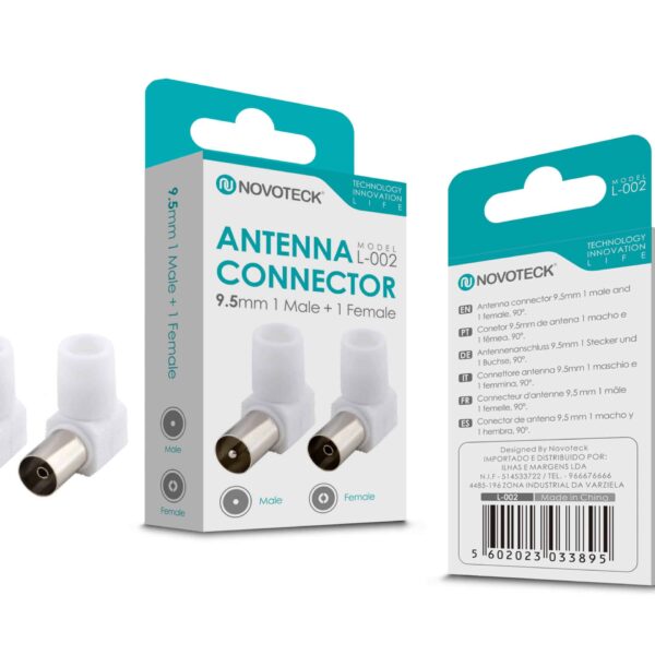 Conector de Antena em Ângulo NOVOTECK L-002 – Macho 9,5mm + Fêmea 90°, Conexão Segura e Durável