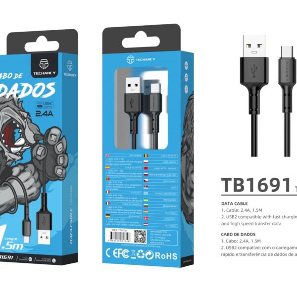 Cabo Usb Type C 2.4A 1.5M Preto