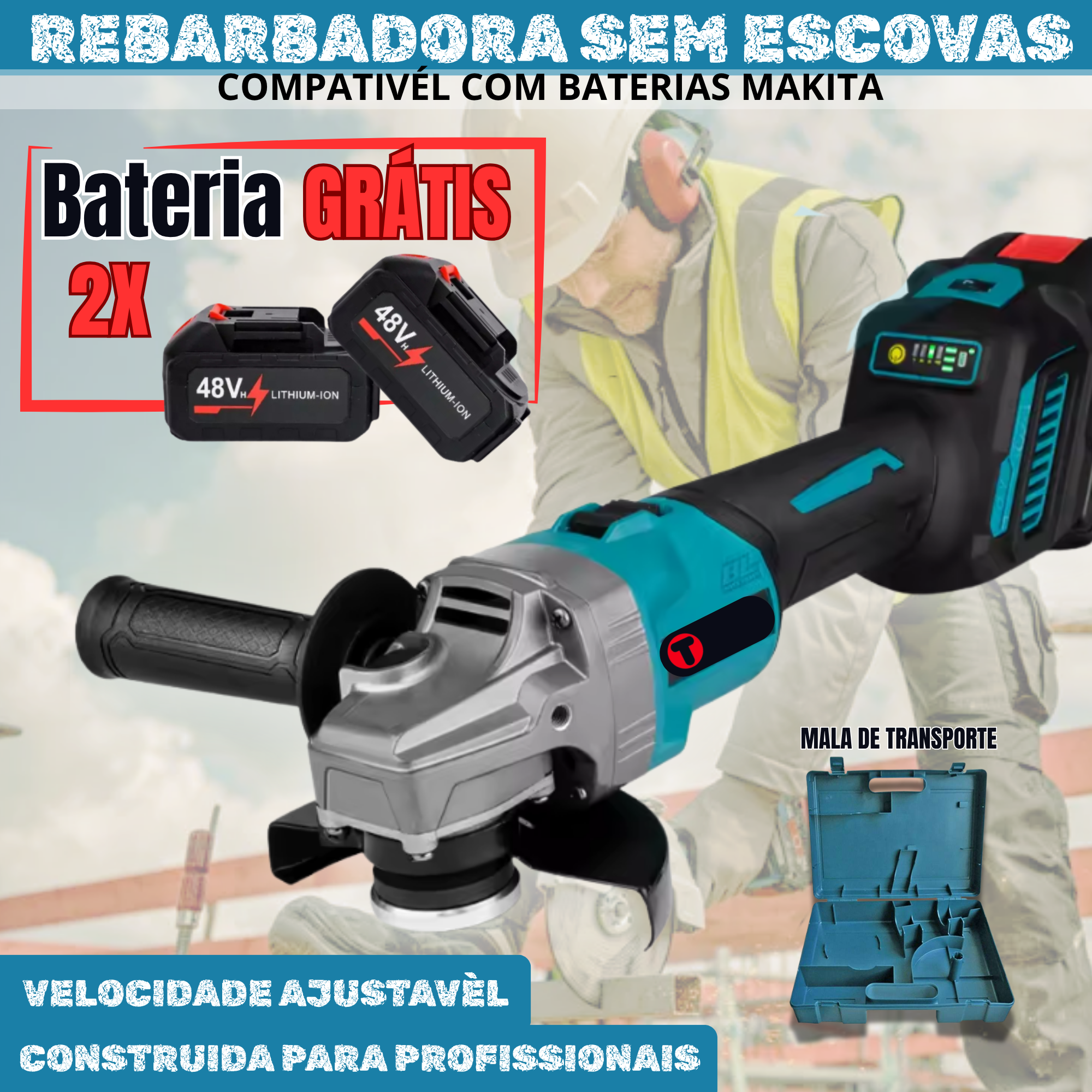 1 Rebarbadora Profissional 9000RPM 2 Baterias + Mala de Transporte - Image 1