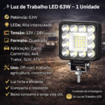 Luz de Trabalho LED 63W 9/6 LEDs – 12V/24V Quadrada para Carro, Caminhão, 4x4, Trator, SUV e ATV - 1 Unidade