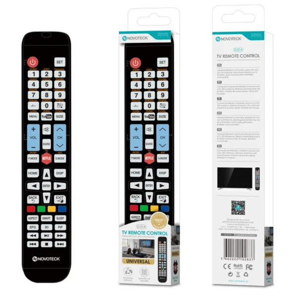 Controle Remoto Universal 15In1 Novoteck D-014 – Compatibilidade Expansiva e Teclas de Atalho para Netflix e YouTube