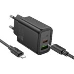 Carregador de celular Hoco USB A + USB C QC3.0 PD 3A 20W + cabo USB C para USB C N61 preto