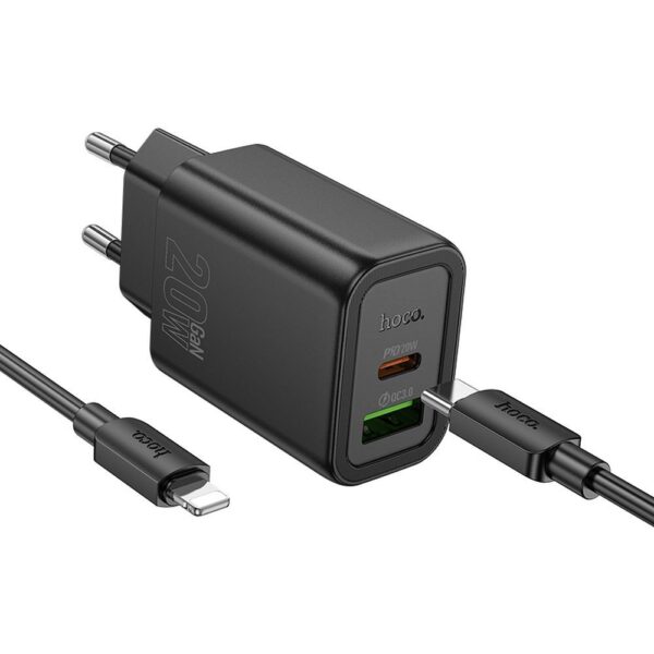 Carregador de celular Hoco USB A + USB C QC3.0 PD 3A 20W + cabo USB C para USB C N61 preto