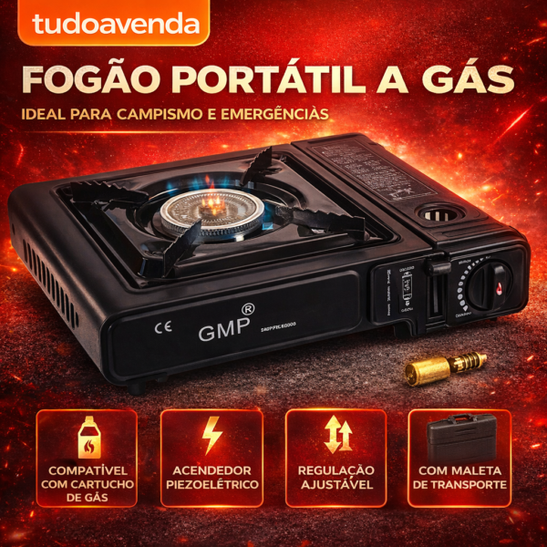 Fogão a gás turístico para cartucho ou cilindro de gás de até 3 kg