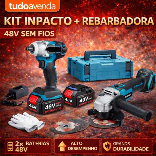 Kit Maquina de Inpacto 520NM + Rebarbadora de 10000Rpm (Inclui 2 Baterias)
