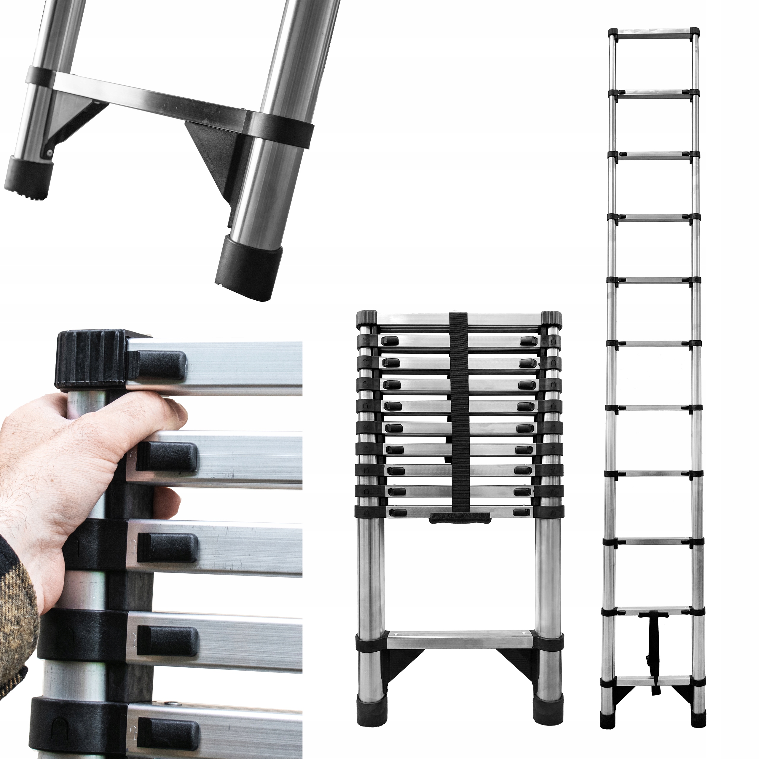 Drabina-teleskopowa-11-stopni-przystawna-skladana-antyposlizgowa-3-2-m Escada Telescópica em Alumínio – 3,2 m | 11 Degraus - Image 1