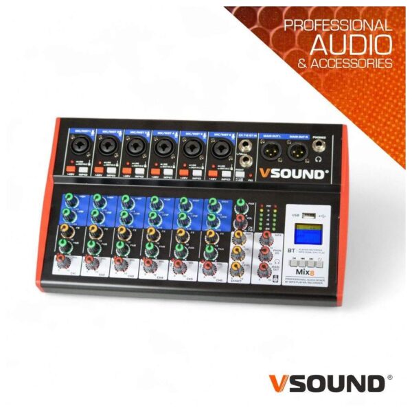 Mesa De Mistura 8 Canais C/ BT/LCD/USB/PC/PHANTOM VSOUND