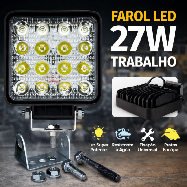 Farol 16 LED de Trabalho Quadrado 27W – Alta Potência | Fixação Universal