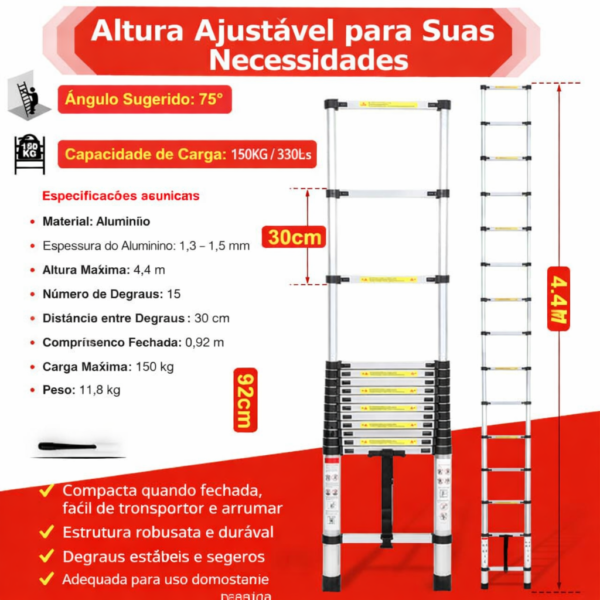 Escada telescópica em alumínio 4,4 m – 15 degraus