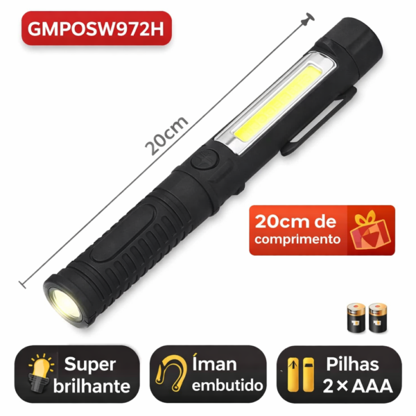 Lanterna de oficina COB + 3 mini LEDs com suporte magnético e gancho, super brilhante e compacta.