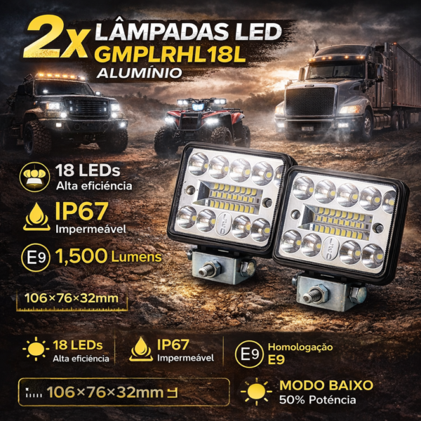 Lâmpada de trabalho halógena LED, retangular com 18 LEDs, conjunto com 2 unidades, 9-36V, 106x76x32mm, kit de iluminação.