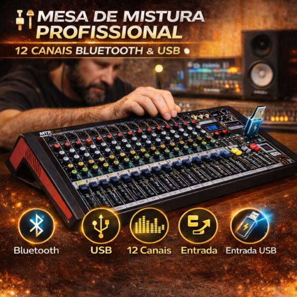Mesa De Mistura 12 Canais C/ BT/LCD/USB/PC/DSP VSOUND