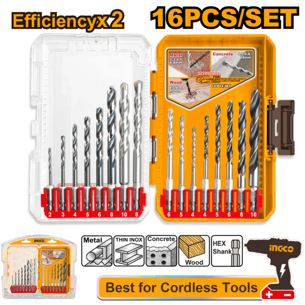Conjunto de 16 brocas - Metal, Alvenaria e Madeira - Ingco