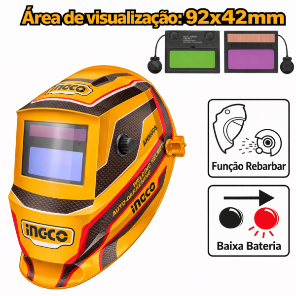 Capacete de soldagem com escurecimento automático 92x42mm INGCO