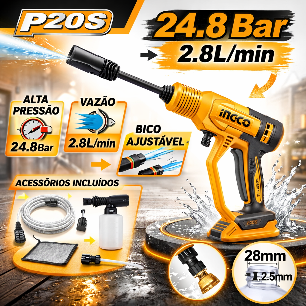 ChatGPT Image 24_02_2026, 18_58_15 Lavadora de Alta Pressão 20V P20S – 24.8 Bar | 2.8L/min - INGCO - Image 1