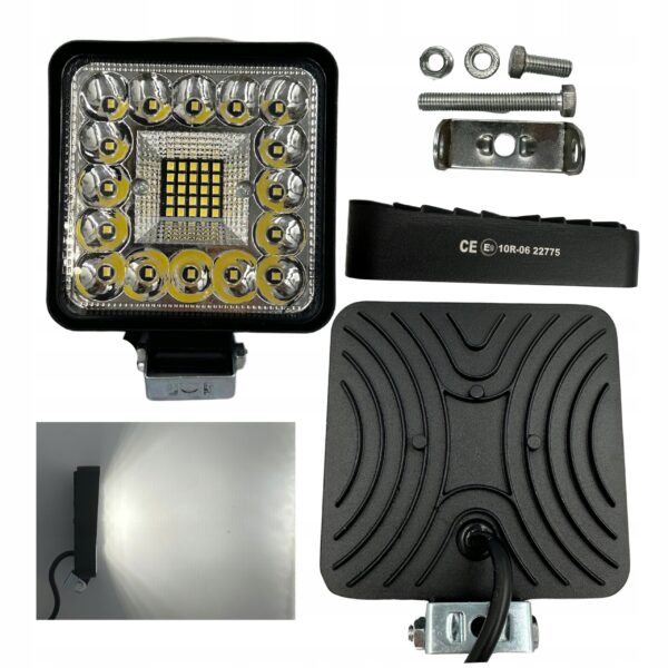 Lâmpada de trabalho halógena LED, 41 LEDs quadrados, 12V-36V, 109x109x28 mm, carcaça de alumínio, iluminação difusa.