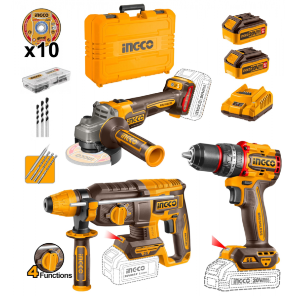 Kit Ferramentas Elétricas Sem Escovas 20V – Aparafusadora + Rebarbadora + Martelo Perfurador - IngCo