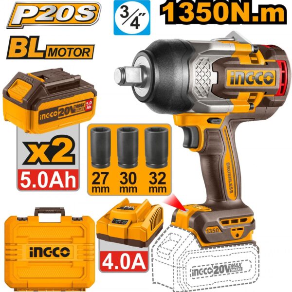 Chave De Impacto 20V brushless 1350Nm + 2 Bat 5A + Carregador + Mala CIWLI20135E IngCo