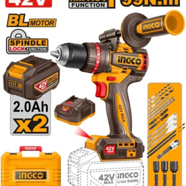 Aparafusadora imp. 42v brushless + 2bat 2ah + ca +mala CIDLI429982E Ingco