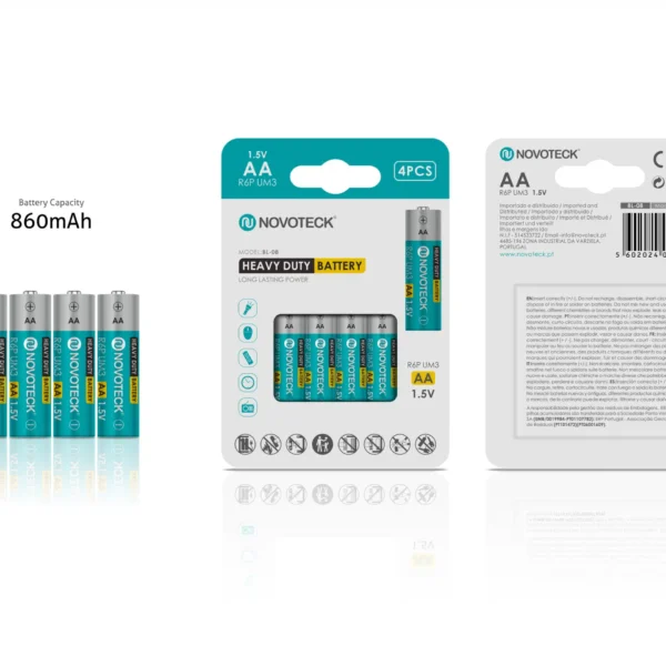 Pilhas AA Heavy Duty NOVOTECK R6P UM3 1,5V 4 Unidades – 860mAh – BL-08