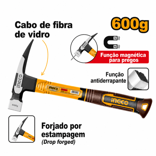 Martelo de carpinteiro de 600g com cabo de fibra de vidro sem rosca.
