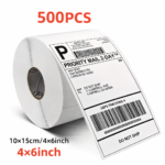 Etiquetas térmicas autoadesivas brancas 100x150 mm, rolo com 500 unidades e perfuração.