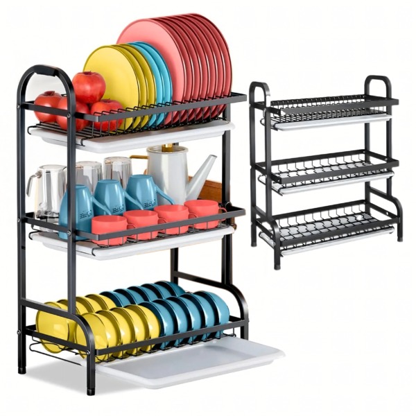 Escorredor de louça dobrável de três níveis, preto, grande XXL