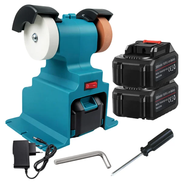 Esmeril de bancada duplo sem fio para afiar, com 2 pedras e 2 baterias.