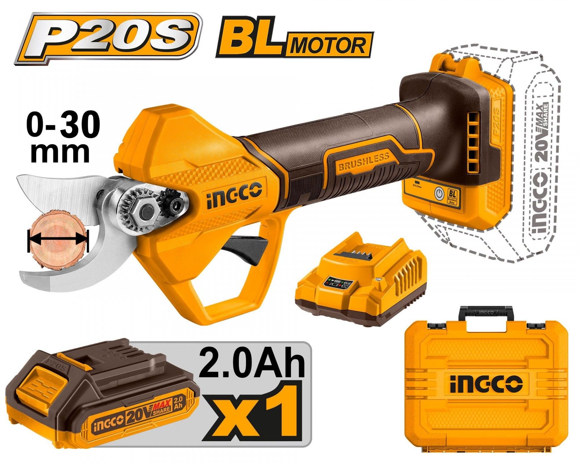 1742311426_b3d7c5f7239ddc9eccbb103116312fb1 Tesoura Poda Brushless 20V 2.0Ah + Carregador CSSLI203083 INGCO - Image 1