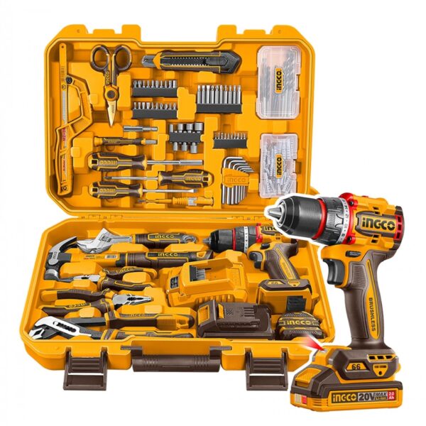 Aparafusadora 20V brushless + bat 2.0Ah, carregador e mala ferramentas 166pç HKTHP41662E IngCo