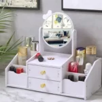 Organizador de Maquiagem de Madeira com Espelho e Gavetas – Suporte Elegante para Cosméticos e Skincare