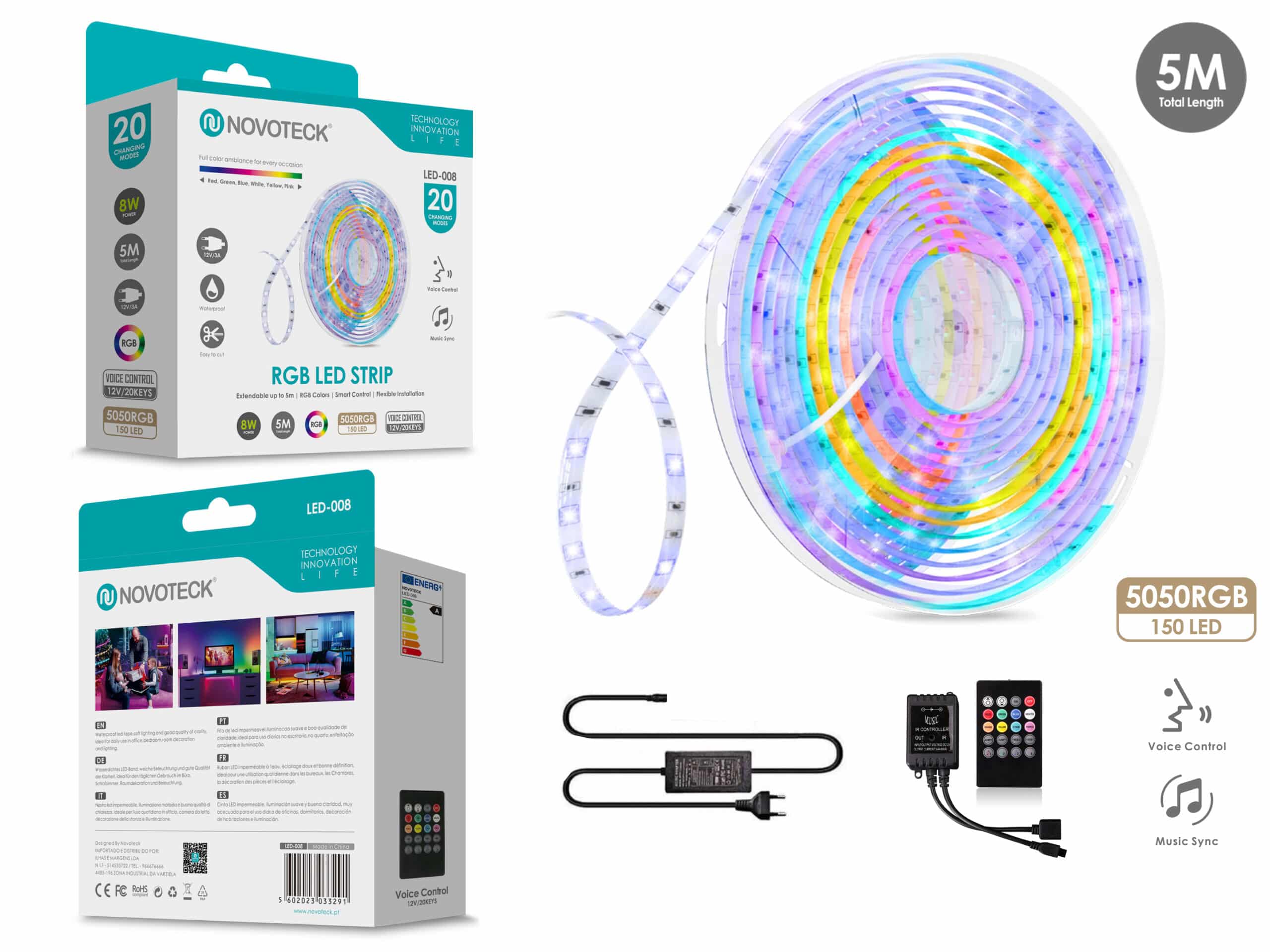 LED-008-FITA-LED-5M-12V-5050RGB-150LED-8W-SOM-CONTROLO-IP65-scaled-1 Fita Led 5M 12V 5050Rgb 150Led 8W Som Controlo Ip65 LED-008 - Novoteck - Image 1
