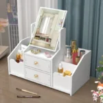 Organizador de Maquiagem de Madeira com Espelho e Gavetas – Suporte Elegante para Cosméticos e Skincare