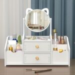Organizador de Maquiagem de Madeira com Espelho e Gavetas – Suporte Elegante para Cosméticos e Skincare