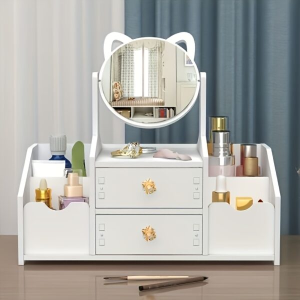 Organizador de Maquiagem de Madeira com Espelho e Gavetas – Suporte Elegante para Cosméticos e Skincare